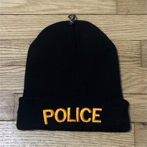 Police Black Beanie Hat Men Winter Solid Casual with Yellow Embroidery